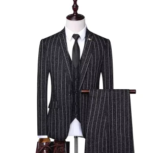 New Solid Business Stripe Gentleman Set Wedding Groom Three Piece Set