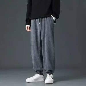 New Spring Autumn Casual Loose Sports Trousers Flat Elastic Straight Plain Dye Men’s Trendy Solid Color Corduroy Jogger Pants
