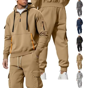 New Spring Printed Letter Pattern Casual Men’s Fleece Lined 100% Polyester Sweatshirt Hoodie Zipper Multi Pocket Set