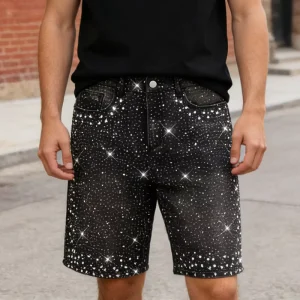 New Style Streetwear Vintage Washed Summer Jean Shorts Heavy duty Rhinestones Embellished Denim Shorts for Men