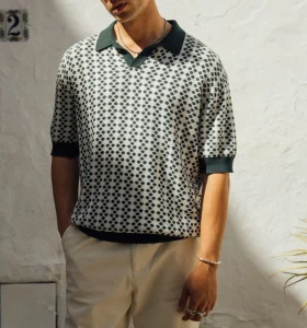 New Summer Men Knitted Polo Shirt 100% Cotton Argyle Jacquard Pattern Short Sleeve Vintage Knitwear for Casual Streetwear