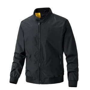 New Trend Men’s Bomber Jacket Stand Collar Front Logo Fleece Lining Zipper Closure Windproof Breathable Slim Fit Custom Design