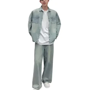 Niche Distressed Vintage Denim Jacket Men’s Set Loose Shoulder Padded Nylon Cotton All Match Cool Handsome Casual Solid Denim