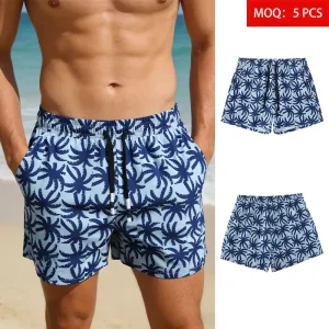 ODM Custom Logo Men’s Palm Tree Print Polyester Beach Shorts Quick Dry Lightweight Anti-Wrinkle Breathable Board