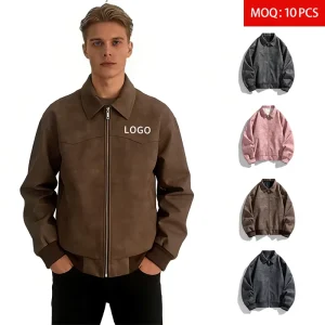 ODM Custom Logo PU Leather Tie Dyed Loose Streetwear Men’s Vintage Lapel Zip Bomber Motorcycle Jacket Spring