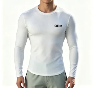 ODM Custom Nylon Spandex Cotton Satin 180GSM Henley V Neck Long Sleeve Muscle Fit Quick Dry Sports Men Gym Training Tee for Men