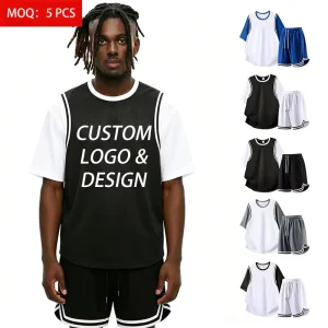 ODM Men’s Summer 150GSM Knitted Quick Dry Color Blocking Mesh Basketball Sportswear Set Short Sleeve Two-Piece T-Shirt