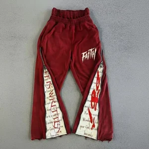 OEM 100% Cotton French Terry Baggy Sweatpants for Men’s Wide Leg Double Waist Print Distressed Red Pants for Men Manufacturer