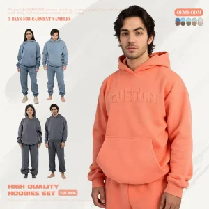 OEM Custom 3D Embossed Logo Hoodie Set for Men 100% Cotton 500 Gsm 600 Gsm Fleece Oversized Boxy Plain Hoodie and Sweatpants Set