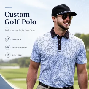 OEM Custom Embroidered Logo Men’s Golf Polo Shirts 220GSM Short Sleeve Ventilated All Over Print Performance Golf Wear