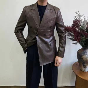 OEM Custom Genuine Lambskin Men’s V Neck Coat Fashionable Formal Style Button Decoration Simple Design Autumn Season