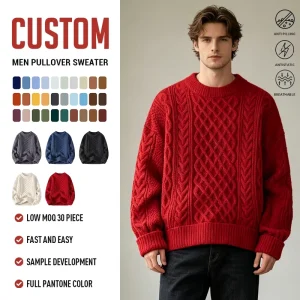 OEM Custom Logo Solid Color Cable Knit Crewneck Sweater For Men Soft Warm Loose Fit Knitted Pullover Winter Knitwear