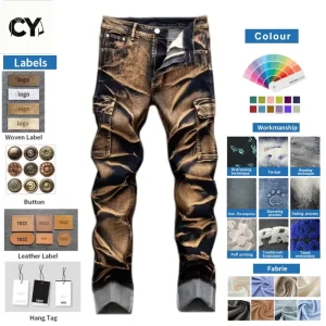 OEM Custom Men Mud Yellow Cargo Jeans ODM High Street Stacked 3D Creased Denim Pants Low MOQ Rust Tint Slacks