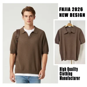 OEM Custom Men’s Casual Short Sleeve Knitwear 100% Cotton Shirt V-Neck T-Shirt Turn Collar Solid Plain Dyed Blank Loose Fit