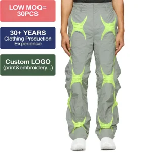 OEM Custom Men’s Straight Leg Grey Green Nylon Pants Motor Style Tapered Paneled Taffeta Trousers Casual Track Pants for Men