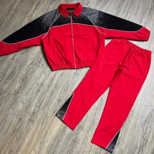 OEM Custom Men’s Winter Sportswear Two Piece Lightweight Breathable Tracksuit Color Block Rhinestone Windbreaker Jacket Suit
