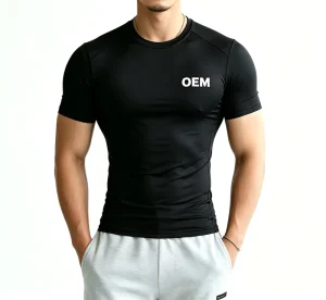 OEM Custom Poly Spandex 160GSM Slim Fit Muscle Compression 4-Way Stretch Quick Dry TUV Men Gym Training T-Shirt Performance