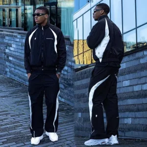 OEM Custom Polyester Tracksuits Patchwork Zip up Nylon Jacket and Pants Mens Jogger Gym Sets Tracksuit Nylon Track Suit