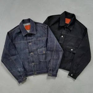 OEM Custom Raw Selvedge Fabric Jeans Jacket for Men Heavyweight Japanese Selvage Button up Cropped Hommes Denim Jacket
