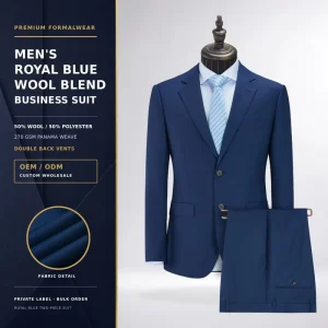 OEM Custom Royal Blue Men’s 2 Piece Business Suit 50% Wool Blend 270GSM Notch Lapel Double Vent