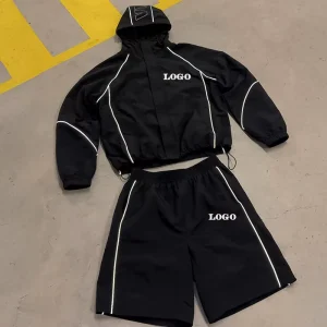 OEM Custom logo Brand Bulk Causal Streetwear Polyester Nylon Hoodie and Jacket Shorts Set Windbreaker Tracksuit Nylon for Men