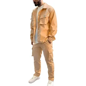 OEM European American Spring Autumn Men’s Fashion Workwear Jacket Trousers Set Multi Pocket Design Lapel Suit