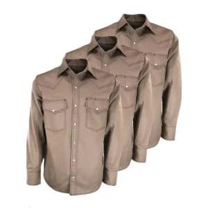 OEM Khaki Men’s Long Sleeve NFPA 2112 Flame Retardant Work Shirt Anti-Static FRC Pearl Snap Welding Workwear