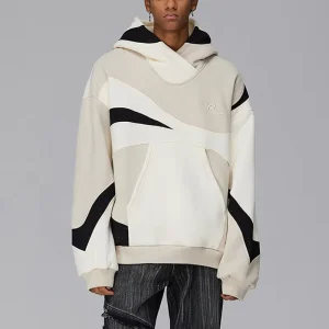 OEM Men’s Comfortable Oversized Hoodie Pullover Embroidered Logo Color Blocking Asymmetric Sweatshirt for Winter Digital
