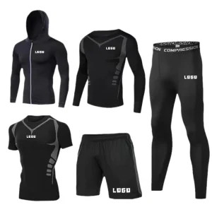 OEM Men’s Custom 5 Pieces Compression Sets Fitness T Shirt Shorts Quick Dry Tights Jogging Suit Sports Gym Running Tracksuits
