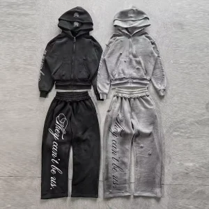 OEM Men’s Custom Digital Printed 100% Cotton 500gsm Breathable Streetwear Hooded Straight Leg Winter Tracksuit