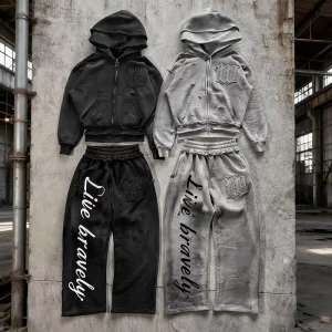 OEM Men’s Custom Digital Printed 100% Cotton 500gsm Breathable Streetwear Hooded Straight Leg Winter Tracksuit