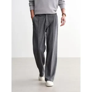 OEM Men’s Suit Pants Casual Solid Color Anti Wrinkle Zipper Fly Elastic Waist Pleated Garment Dyed Straight Loose