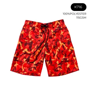 OEM ODM 100% Polyester Red & Orange Fire Print Board Shorts Men’s Flame Camouflage Swim Shorts Quick Dry Surf Outdoor Beach Wear