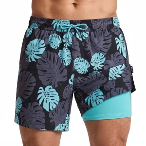 OEM ODM All Over Print 2 In 1 Men’s Quick Dry Swim Shorts Drawstring Elastic Waist Custom Logo Beach Board Trunks Shorts