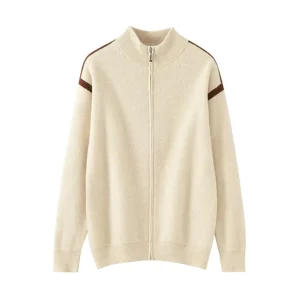 OEM ODM Autumn Winter Men’s Wool Cardigan Coat Fashion Knitwear Zipper Ribbed Stand Collar 100% Wool Knit Sweater Jacket for Men