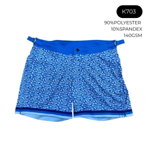 OEM ODM Blue Geometric Print Quick-Dry UV Protection Swim Trunks Men’s Swim Shorts Swimwear with Belt Loops Waistband