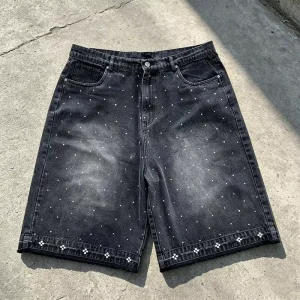 OEM ODM Custom Eco Wash Straight Denim Shorts Streetwear Crystal Diamonds Vintage Washed Rhinestone Shorts Jorts For Men