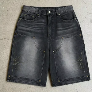 OEM ODM Custom Logo Streetwear Denim Shorts For Men Source Factory Made Rhinestone Acid Wash Shorts Jorts