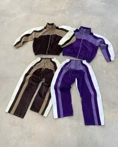 OEM ODM Custom Men’s Oversized Pullover Splicing Color Cotton Tracksuits Spring Autumn Washed Jacket & Pants Set
