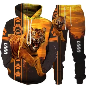 OEM ODM Custom Sportswear Men’s Winter Tracksuits 3D Tiger Printed Hoodie Pants Animal Design Tracksuit for Men
