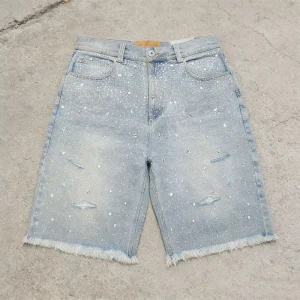 OEM ODM Custom Street Wear Heavyweight Denim Shorts Rhinestones Jeans Shorts Vintage Zipper Fly 100% Organic Cotton Men’s Jorts