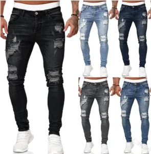 OEM ODM Elastic Trend Paint Splash Hole Casual Men’s Jeans Denim Pants Ripped Stretch Skinny Jeans Mens Scratch Jeans for Men