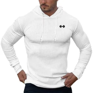 OEM ODM Fashion Casual Hooded Shirt Gym Fitness Training Long Sleeve Sportswear Men’s Slim Fit Knitted Stripes Quick Dry Clothes