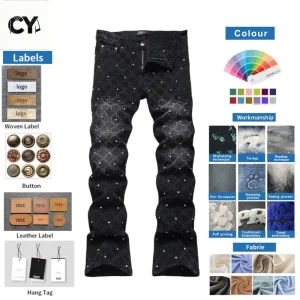OEM ODM Men Black Grid Jacquard Skinny Jeans Luxury Hot Fix Rhinestone Slim Fit Denim Pants Low MOQ Trousers