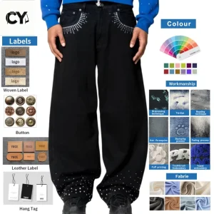 OEM ODM Mens Baggy Jeans Rhinestone Sparkly Wide Leg Denim Pants Custom Supplier High Street Star Embroidery Trousers