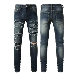 OEM ODM Men’s Designer Ripped Vintage Slim Jeans Blue Men Pants Distressed Denim Jeans