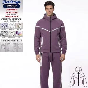OEM ODM Men’s Reflective Sports Suit Zipper up Pocket Jacket Knitted Hoodies Polyester Cotton Embroidery Street Style Autumn Fit