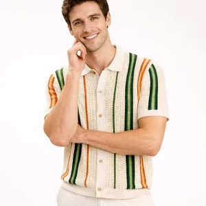 OEM ODM Men’s Vintage Stripe Knit Cotton Wool Blend Short Sleeve Summer Button Down Shirts Button Front Textured Knitwear