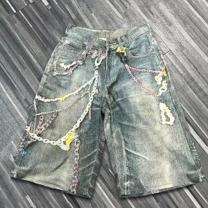 OEM ODM Vintage Streetwear Summer Men’s Mid Waist Straight Knitted 100% Polyester Denim Acid Wash Digital Printing Loose Shorts