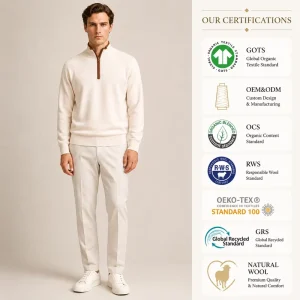 OEM Raglan Sleeve Quarter Zip Mock Neck Leather Trim Merino Cashmere Wool Sweater Men Knitted Sweater